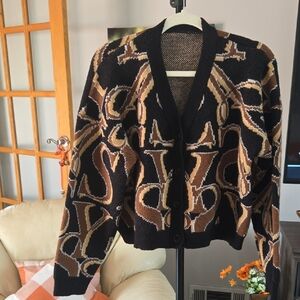 SHEIN Black and Tan Graphic Cardigan⭐️✨️ 🤎 PRE LOVED ⭐️✨️